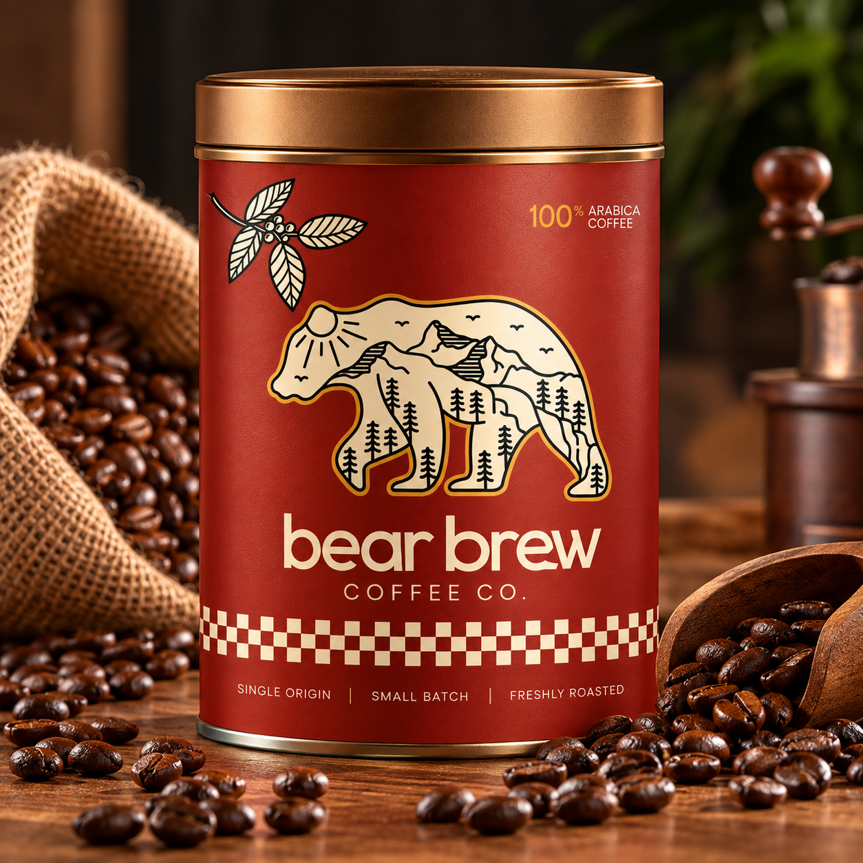 bear brew coffee tin in rustic studio